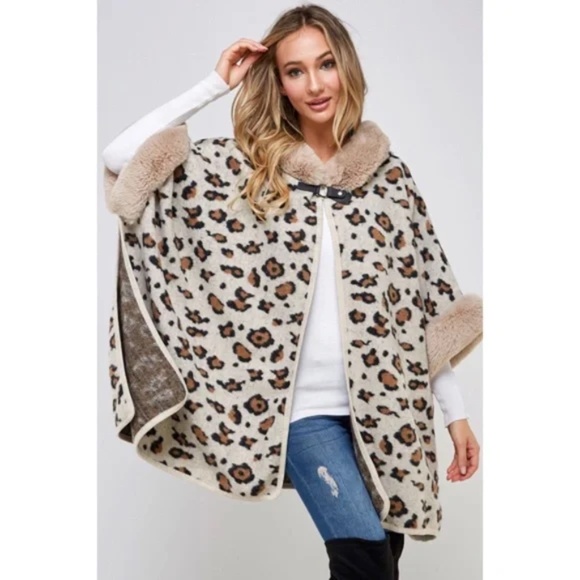 Taupe Faux Fur Trim Hooded Animal Leopard Print Soft Knit Poncho Coat - Picture 2 of 6